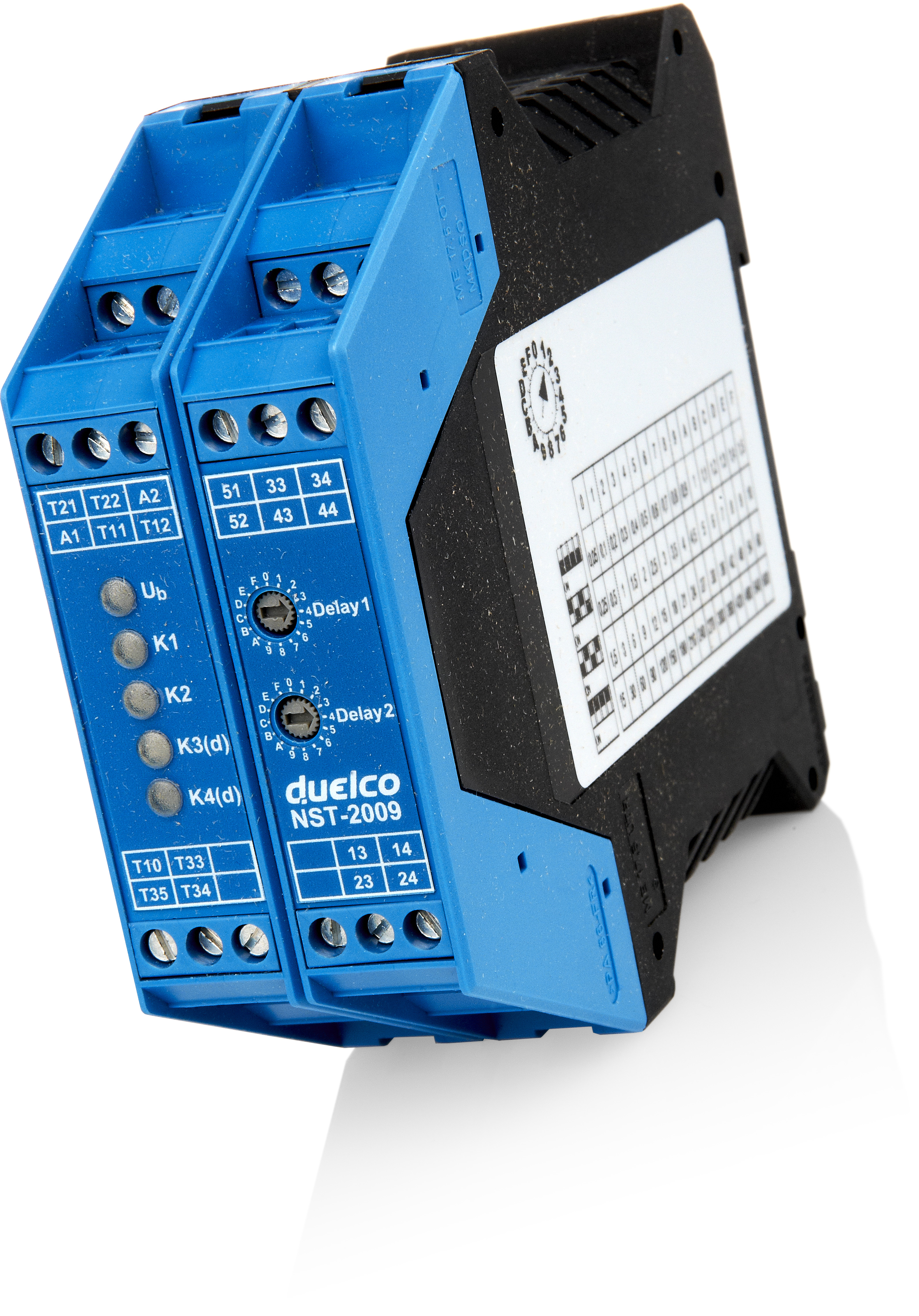 Duelco NST-2009D serie 24 VAC-VDC noodstop veiligheidsrelais met vertraagde uitgangen